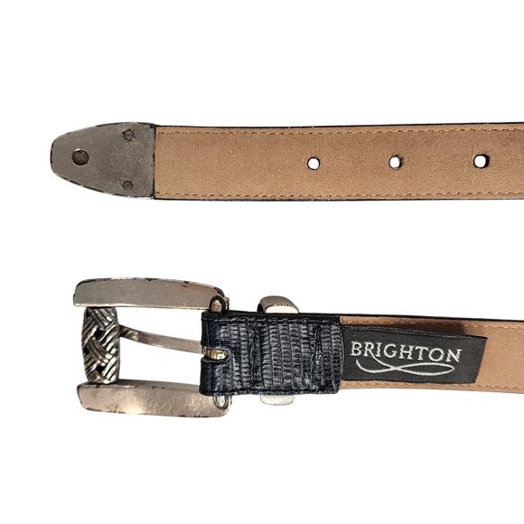 Brighton womens black Leather Belt sz Small Lizard Patern Ornate Silver Hardware - Picture 5 of 7